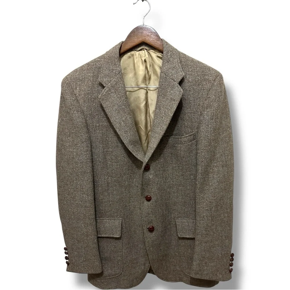 252 Harris Tweed |NWOT 60s USA Vintage Brown Blazer Woven Leather Buttons (sz M)